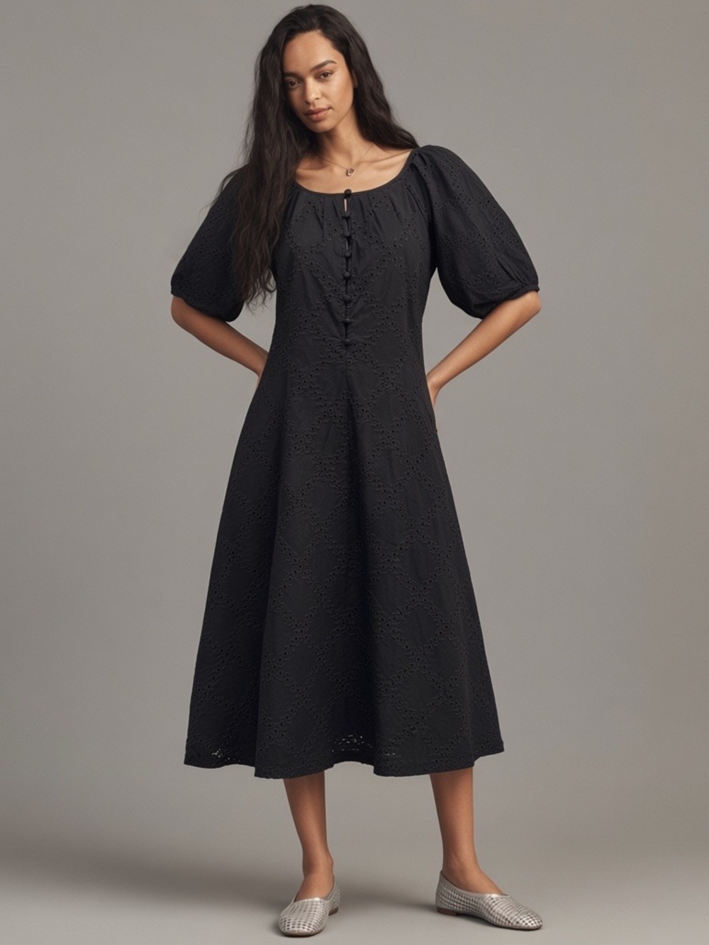 LOFT Black Eyelet Cotton Puff Sleeve Mini Dress Size 6